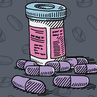 illustration of pills scattered around a prescription bottle