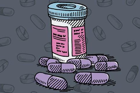 illustration of pills scattered around a prescription bottle