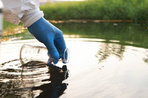 Gloved hand gathering water in beaker